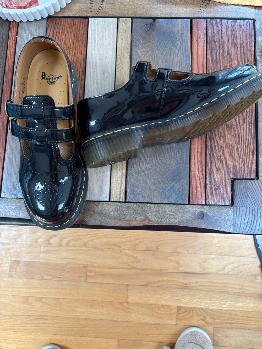 Dr. Martens Black Patent Mary Jane Shoes with Yellow Stitching - Picture 4 of 4